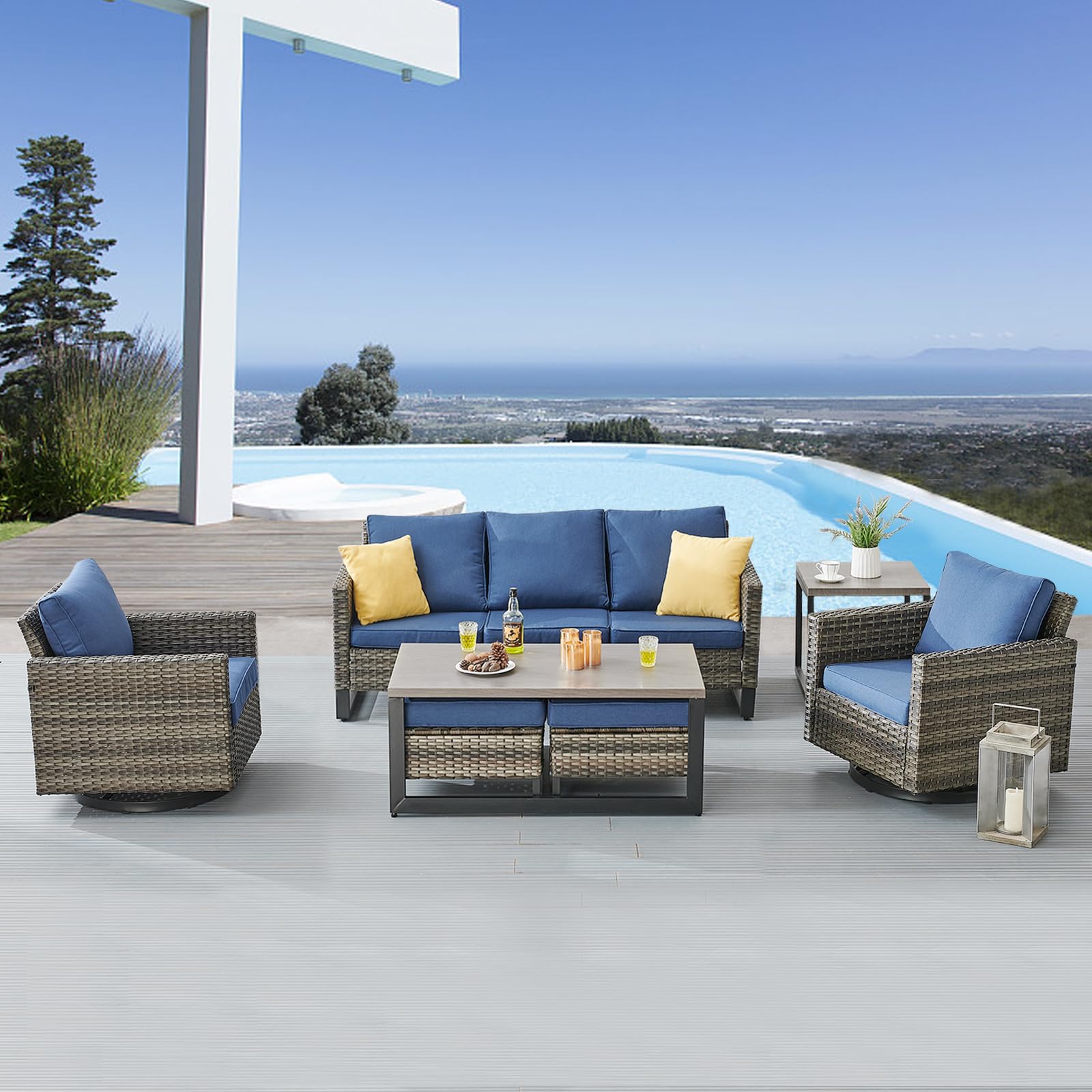 -Piece Wicker Patio Set, Sofa, Swivel Glider Chairs & Ottomans, GRS Series - Mixed Grey Wicker Blue Cushion
