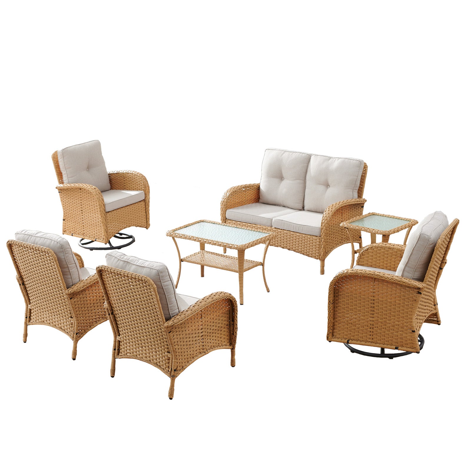Patio Conversation Set -Piece with Loveseat, Swivel Glider Chairs, Patio Chairs, Coffee Table, and Side Table, NDS - Yellow Wicker Beige Cushion
