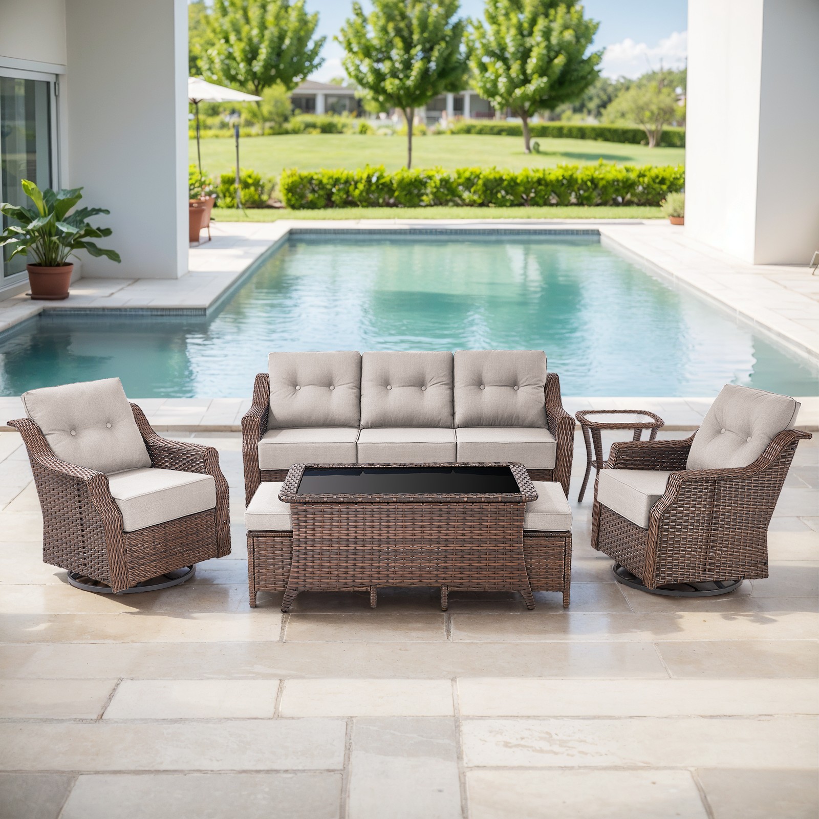 -Piece Wicker Swivel Glider Sofa Set w Coffee Table, OVOLO Series - Brown Wicker Blue Cushion