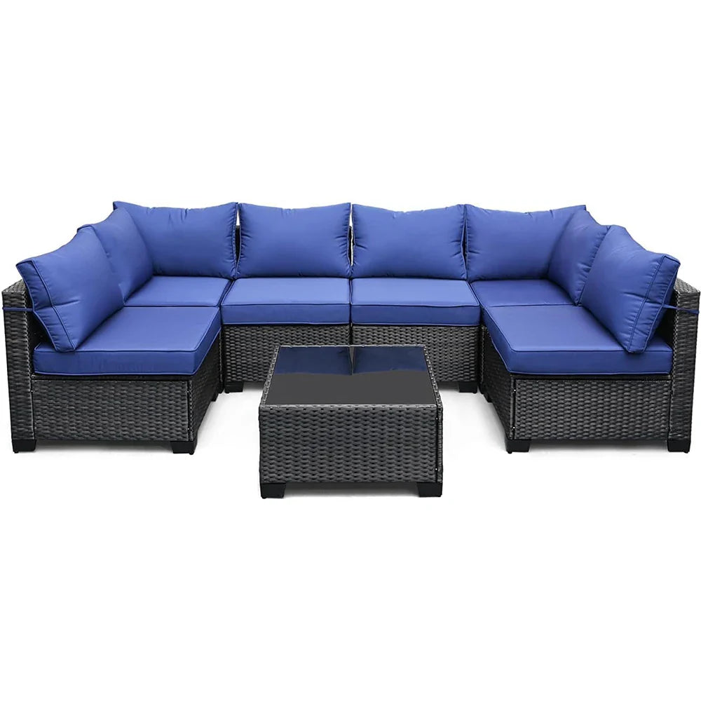-Piece PE Rattan Sectional Patio Set, Wicker Outdoor Sofa With Cushions & Glass Coffee Table, Conversation Furniture For - Navy Blue United States