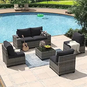 Piece Patio Furniture Set with ” Fire Pit Table Wicker Rattan Outdoor Sectional Sofa Set with Coffee Table and - United States GreyBack