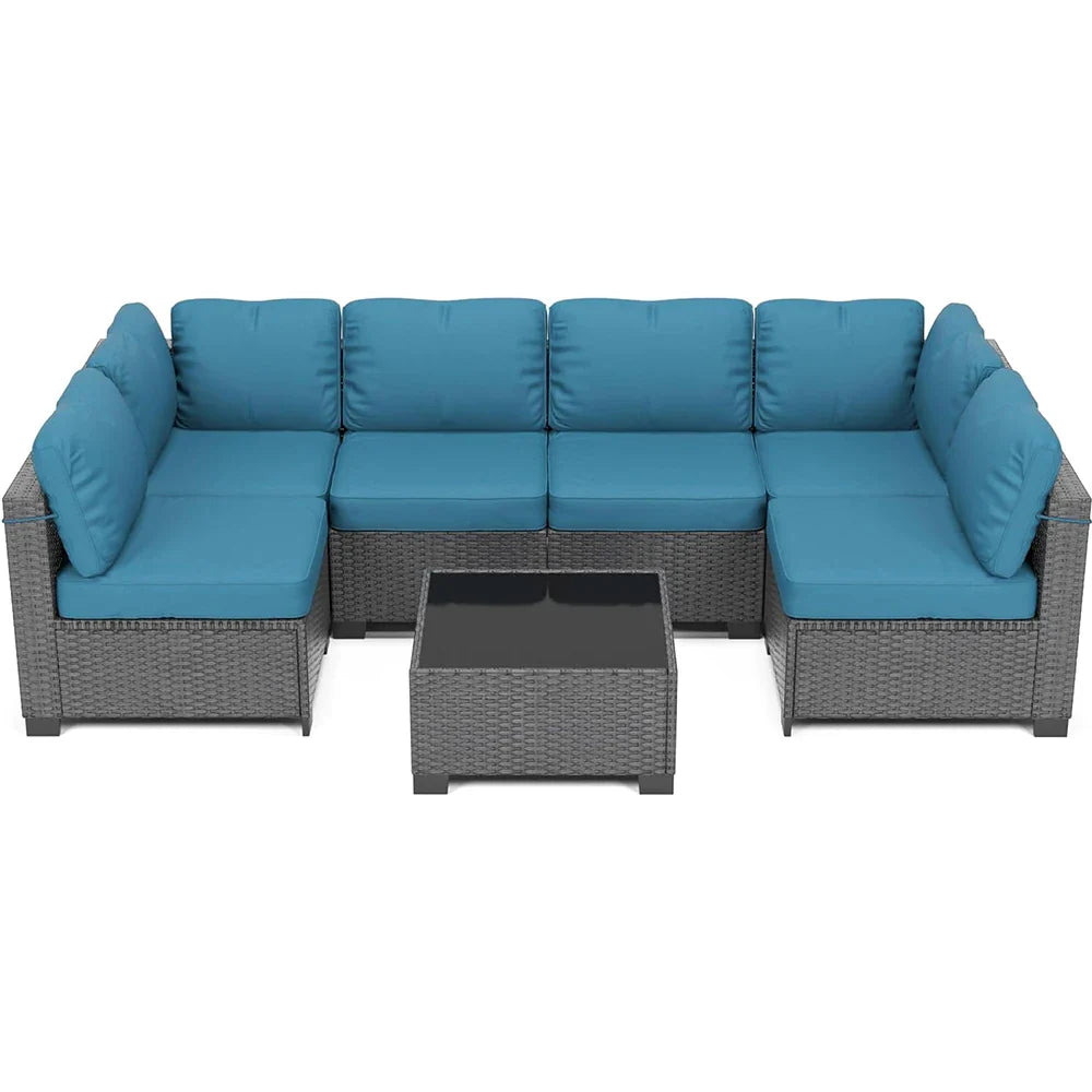-Piece PE Rattan Sectional Patio Set, Wicker Outdoor Sofa With Cushions & Glass Coffee Table, Conversation Furniture - Peacock Blue United States