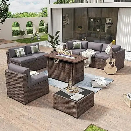 Piece Patio Furniture Set with ” Fire Pit Table Wicker Rattan Outdoor Sectional Sofa Set with Coffee Table and Thickened - United States Grey