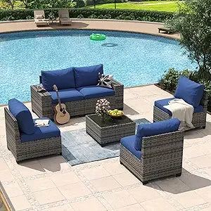 Piece Patio Furniture Set with ” Fire Pit Table Wicker Rattan Outdoor Sectional Sofa Set with Coffee Table and - United States GreyBlue