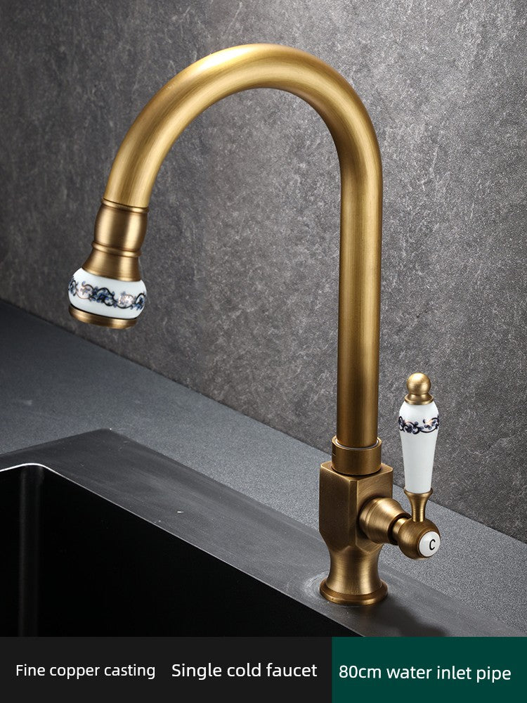 Retro Copper Antique Kitchen Faucet Hot and Cold Wash Basin Sink Pull-out Rotate - Standard single cold small vase piping