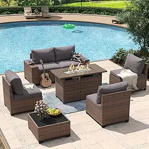 Piece Patio Furniture Set with ” Fire Pit Table Wicker Rattan Outdoor Sectional Sofa Set with Coffee Table and - United States BrownGrey