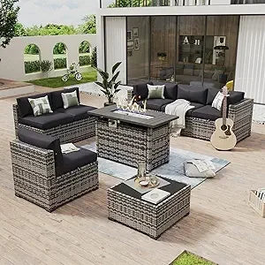 Piece Patio Furniture Set with ” Fire Pit Table Wicker Rattan Outdoor Sectional Sofa Set with Coffee Table and - United States GreyBlack