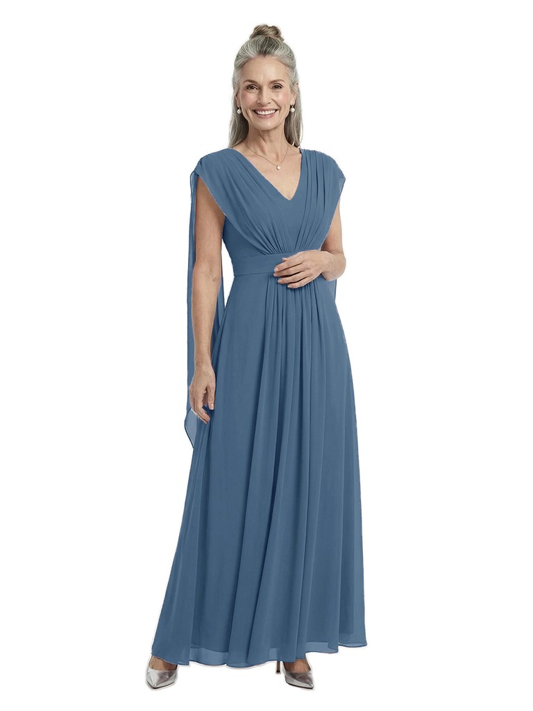 ChicSew Trendy Ruched V-Neck Mother Of The Bride Wedding Dress With Long Back Cape Sleeves Chiffon A-Line Formal Gown