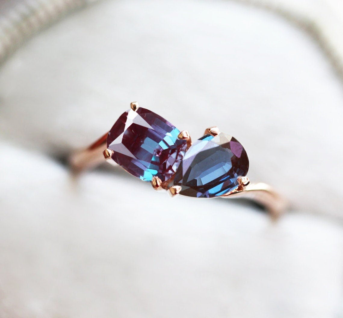 Toi et Moi . ct Cushion Lab Alexandrite Ring Engagement Ring - k yellow gold