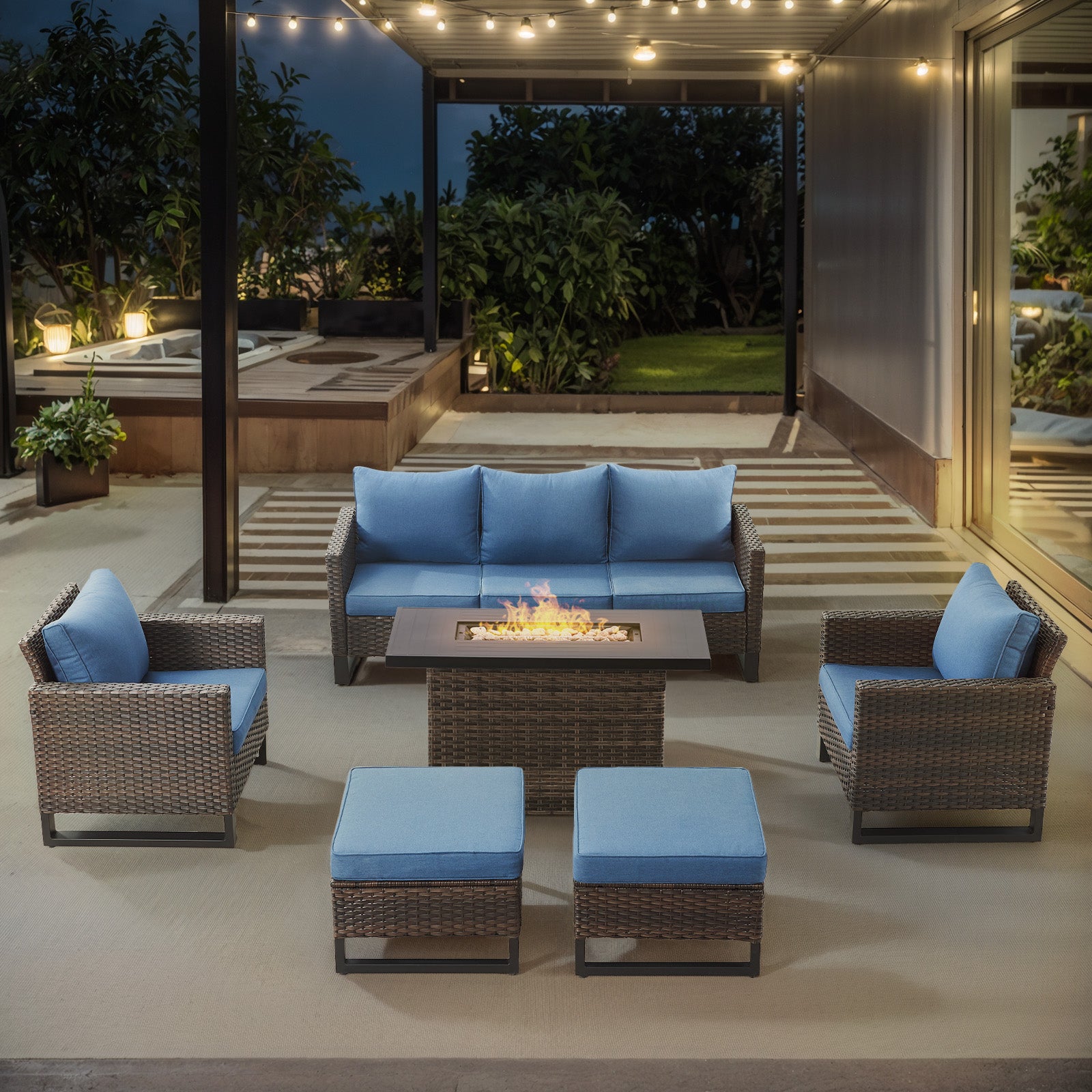-Piece Patio Set with Height-Adjustable Fire Pit Table, GRS Series - Brown Wicker Blue Cushion