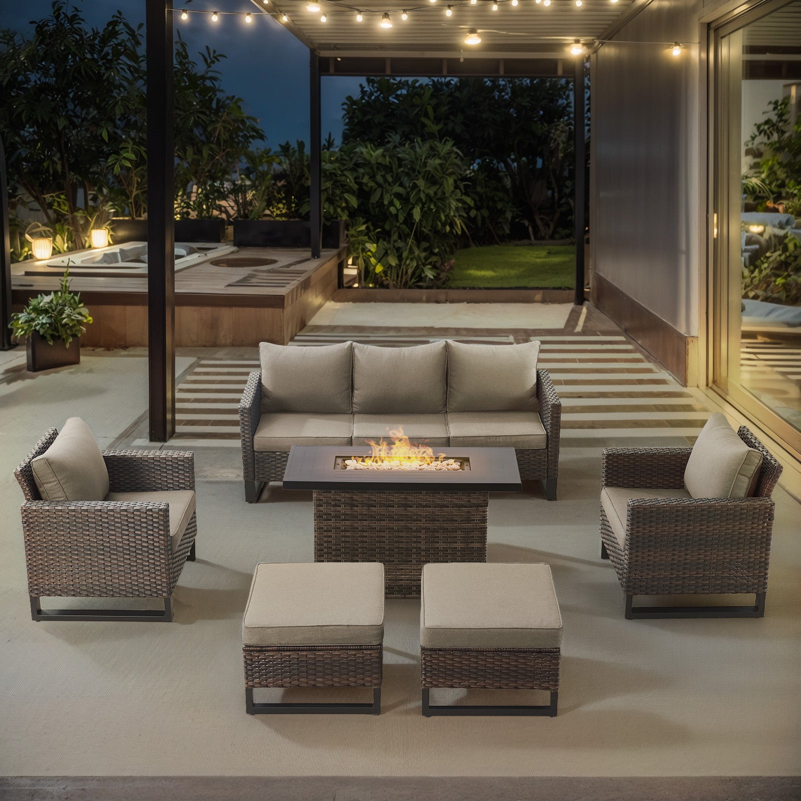 -Piece Patio Set with Height-Adjustable Fire Pit Table, GRS Series - Brown Wicker Grey Cushion