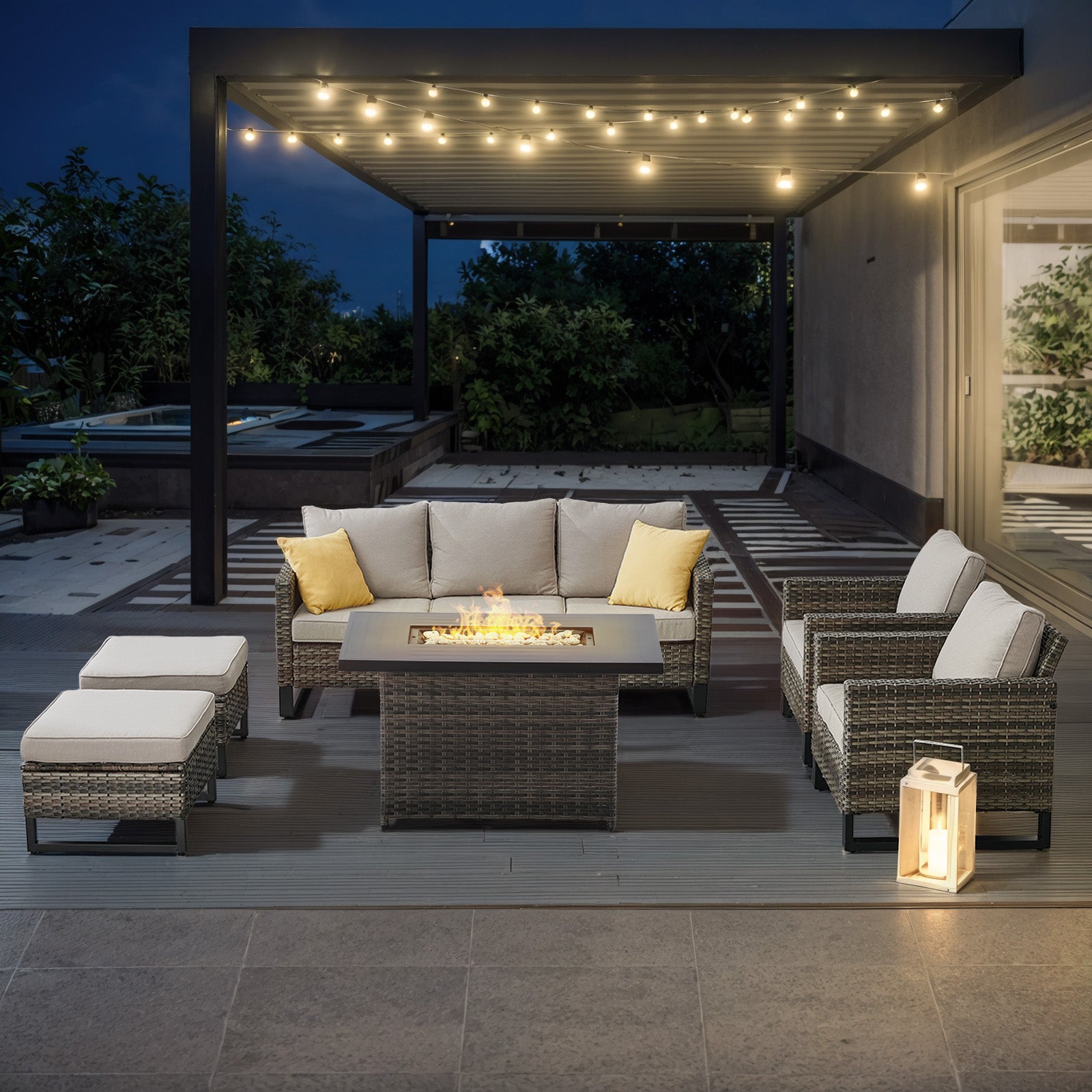 -Piece Patio Set with Height-Adjustable Fire Pit Table, GRS Series - Mixed Grey Wicker Beige Cushion