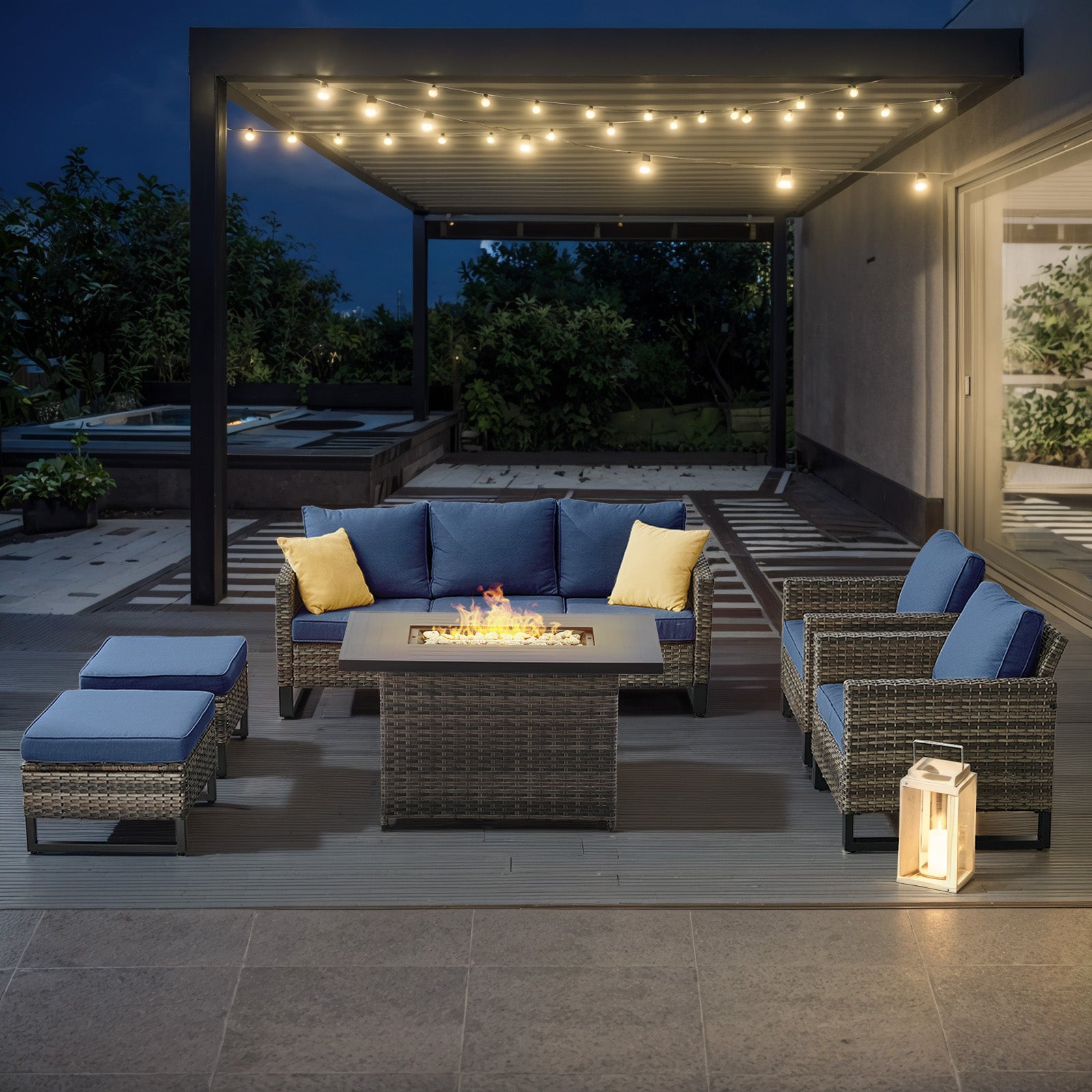 -Piece Patio Set with Height-Adjustable Fire Pit Table, GRS Series - Mixed Grey Wicker Blue Cushion