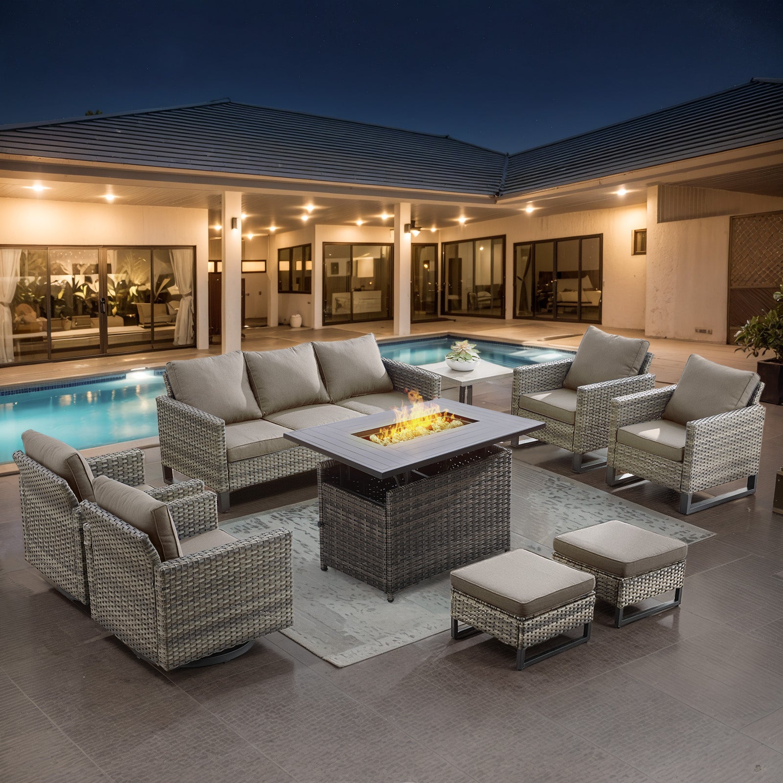 -Piece Patio Set with Adjustable Rectangular Fire Pit Table, GRS Series - Mixed Grey Wicker Grey Cushion