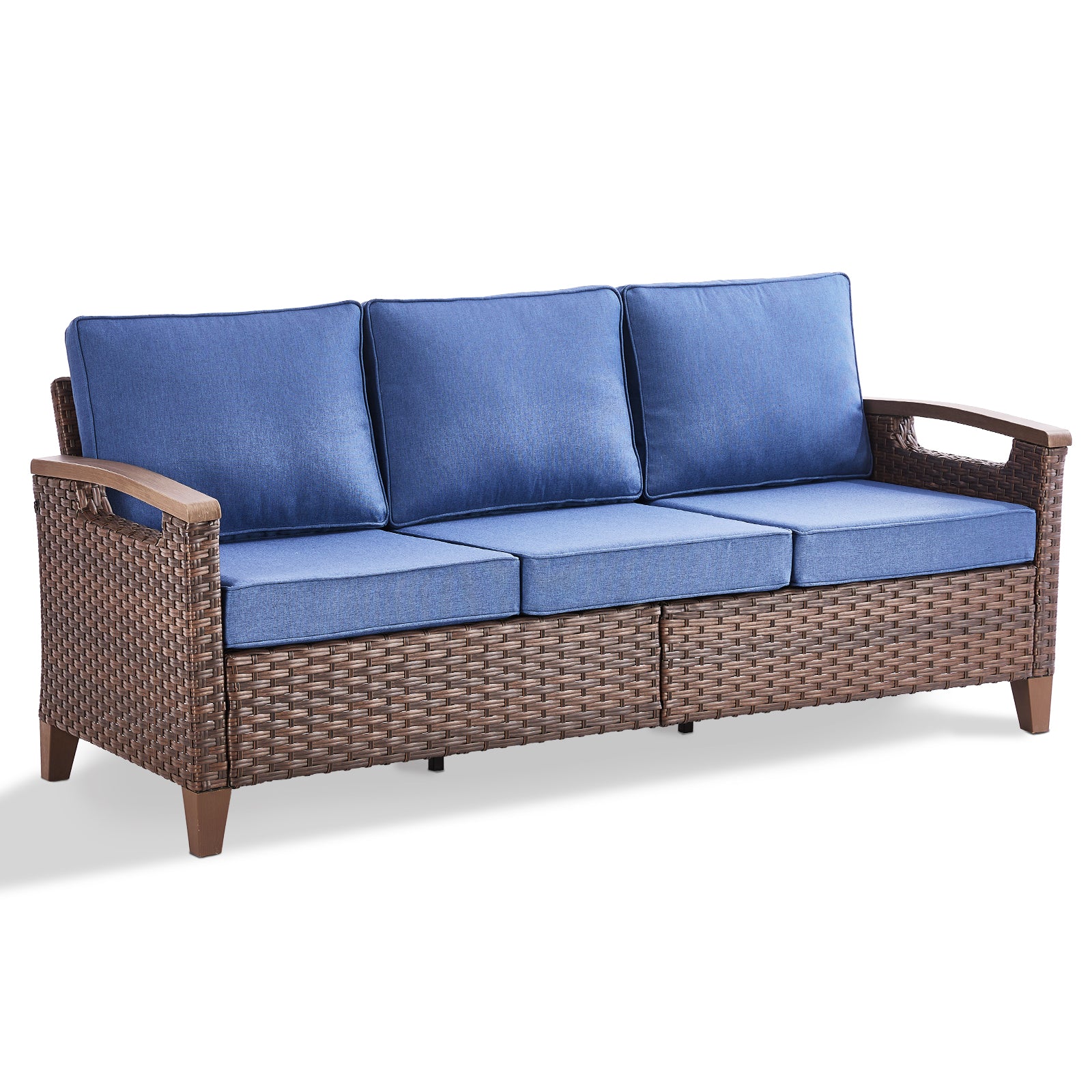 Outdoor Wicker Sofa with Olefin Cushions, BBR Series - Brown Wicker Blue Cushion