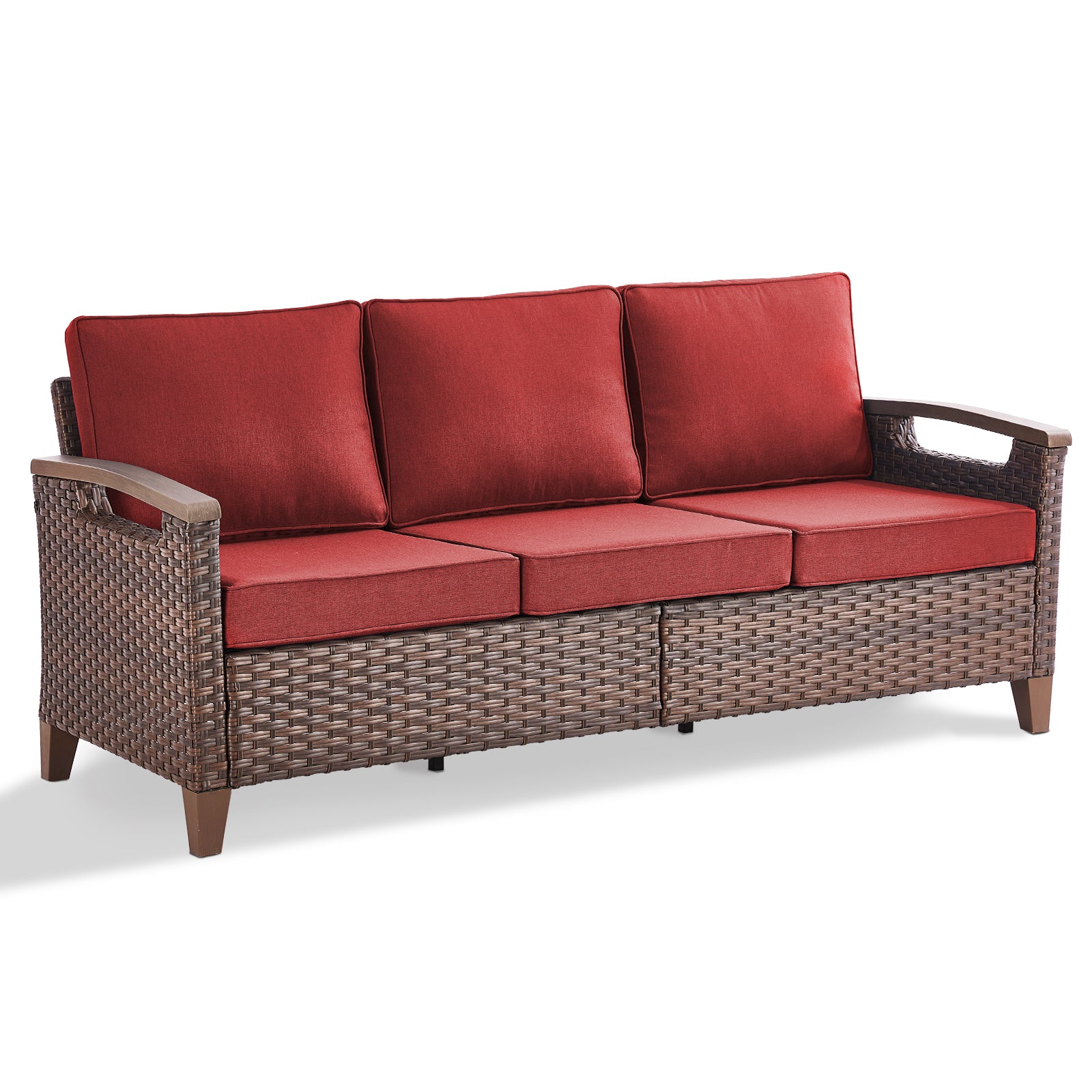 Outdoor Wicker Sofa with Olefin Cushions, BBR Series - Brown Wicker Red Cushion