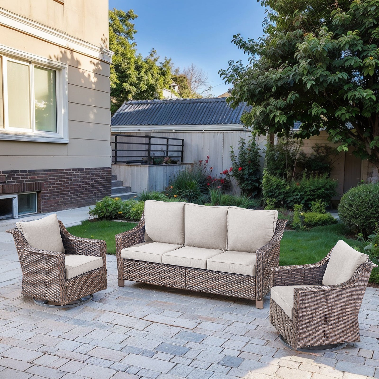 PC Patio Conversation Set with -Seat Sofa & Swivel Rocker Chairs, DAR Series - Brown Wicker Beige Cushion