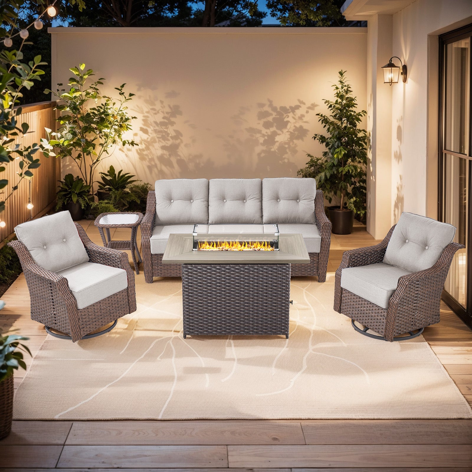 -Piece Wicker Swivel Glider & Sofa Set with Fire Pit Table, OVOLO Series - Brown Wicker Red Cushion