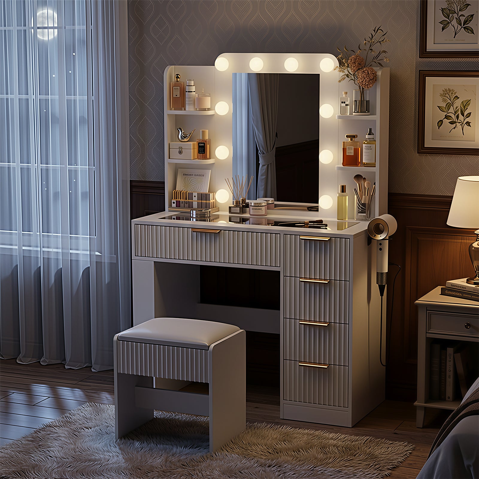 Save % - " Fluted Makeup Vanity Desk with LED Mirror, Drawers & Glass Top, Vanity Table with Cabinet, Chair and Charging Station