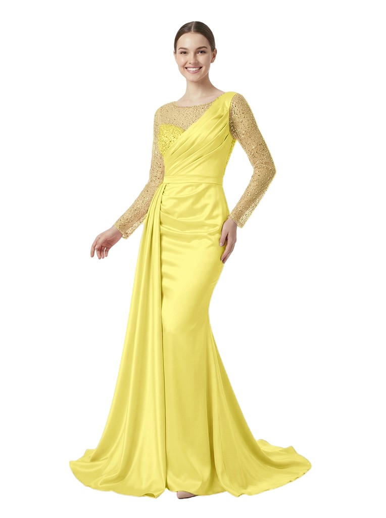 Unique Scoop Mermaid Sparkly Sequined Long Sleeves Satin Prom Dress With Waist Drape
