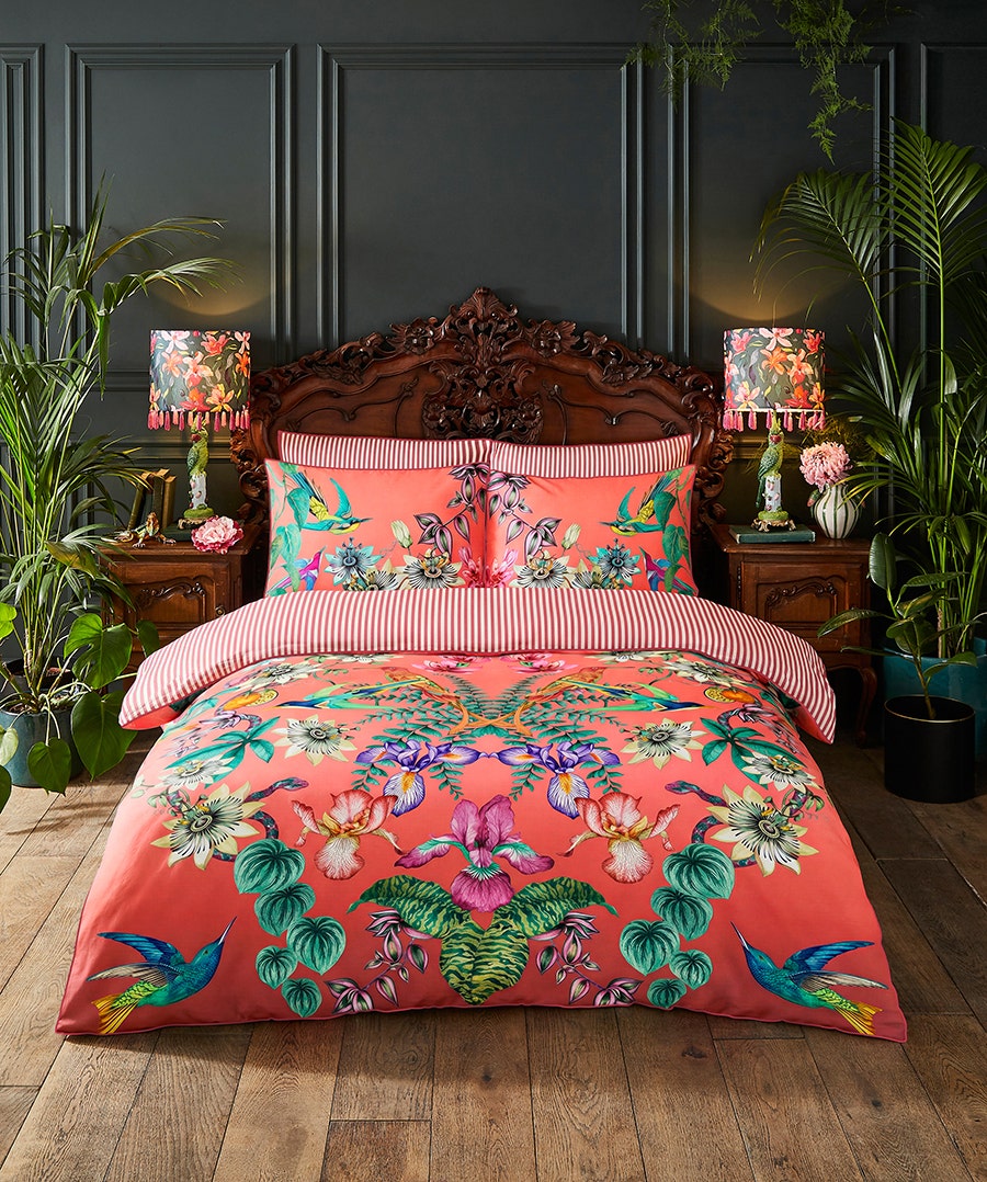 Marvellous Mirrored Bird Cotton Sateen Reversible Duvet Set - Super King - Coral - by Joe Browns
