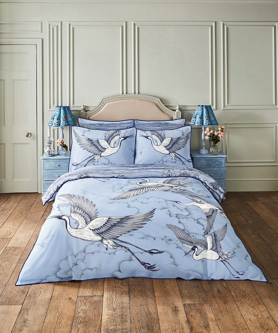 Herons In Flight Cotton Sateen Reversible Duvet Set - King - Blue - by Joe Browns