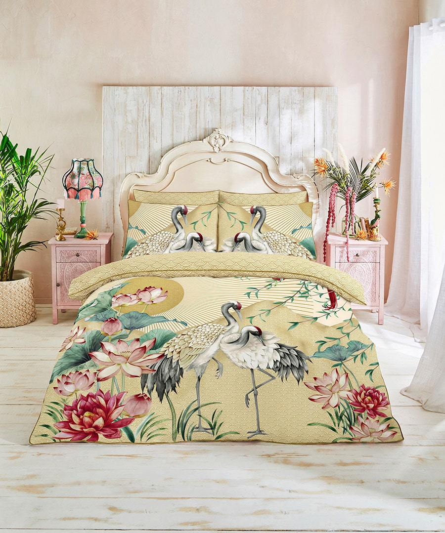 Elegant Cranes Cotton Sateen Reversible Duvet Set - Super King - Cream - by Joe Browns