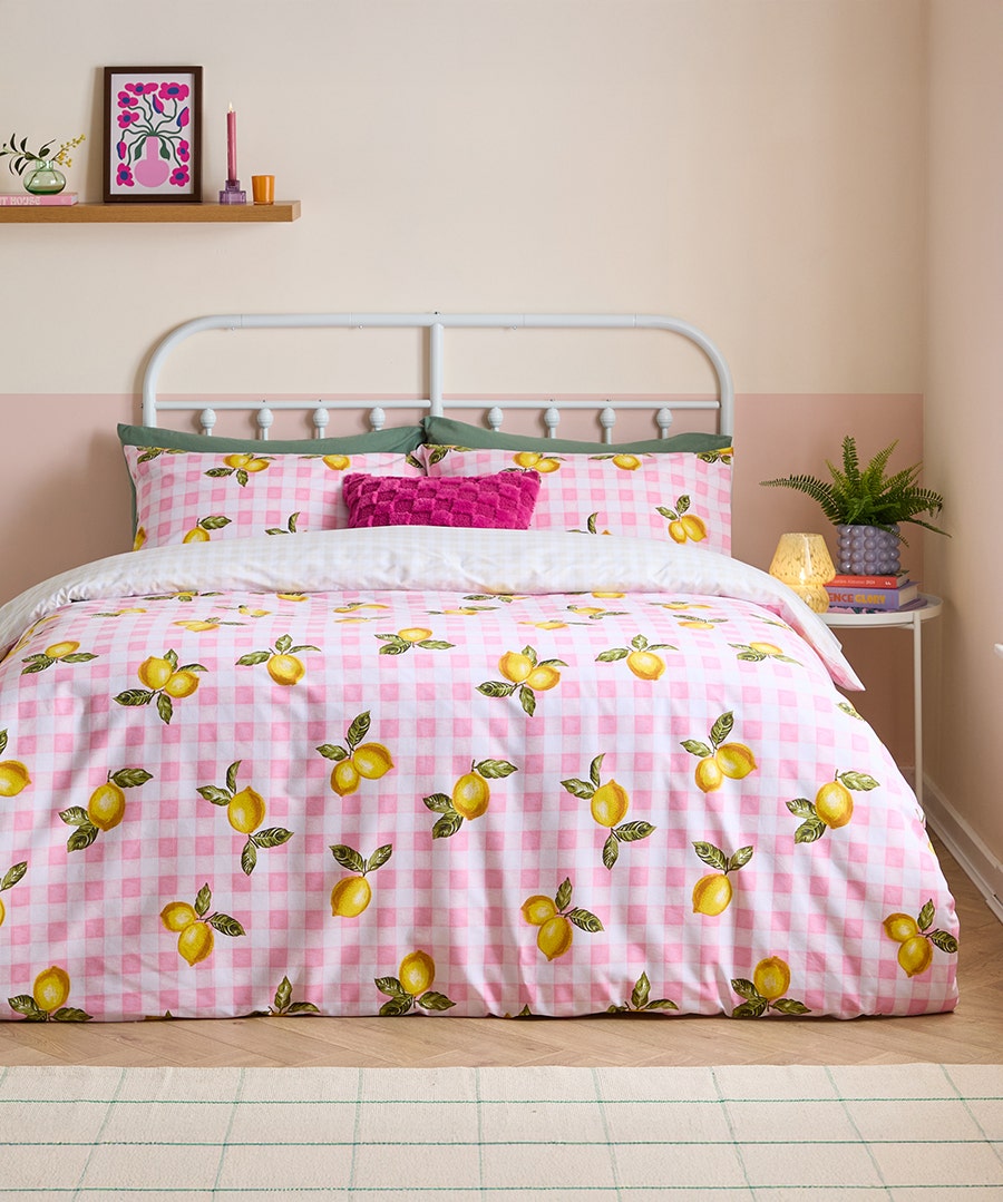 Gingham Lemons Cotton Blend Reversible Duvet Set - Double - Pink - by Joe Browns