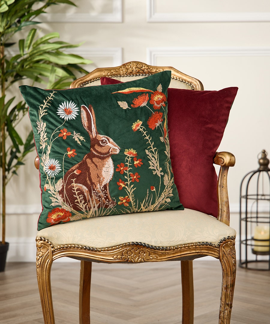 Wildflower Hare Embroidered Velvet Cushion - Green - by Joe Browns