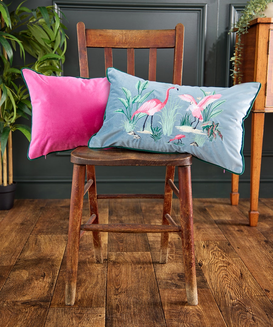 Flamingo Frenzy Embroidered Cushion - Blue - by Joe Browns