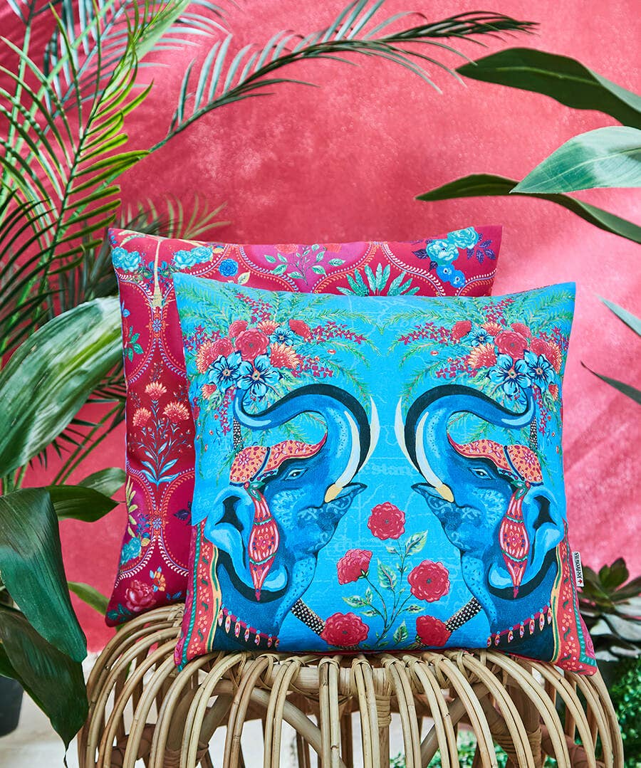 Festival Elephants Garden Cushion - Aqua - by Joe Browns