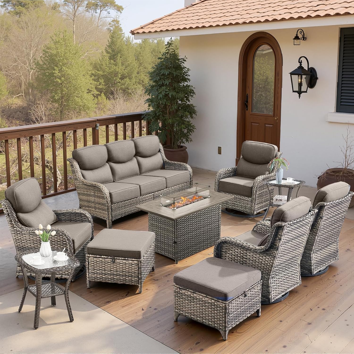-Piece Patio Fire Pit Set, Sofa & Swivel Chairs, NT Series - Mixed Grey Wicker Grey Cushion
