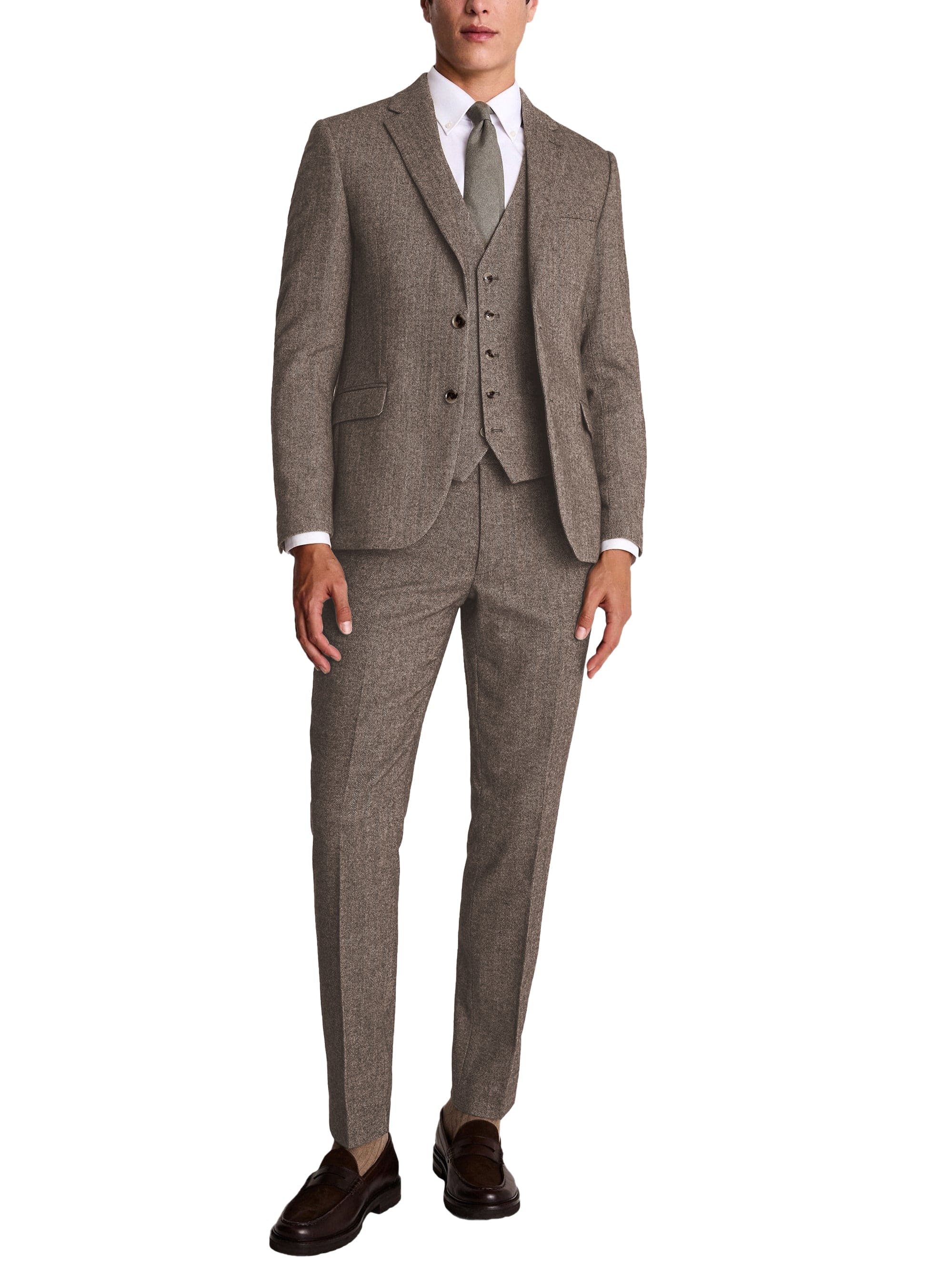 Men’s -Piece Slim Fit Herringbone Suit Notch Lapel Blazer, Vest and Pants - Light Brown R
