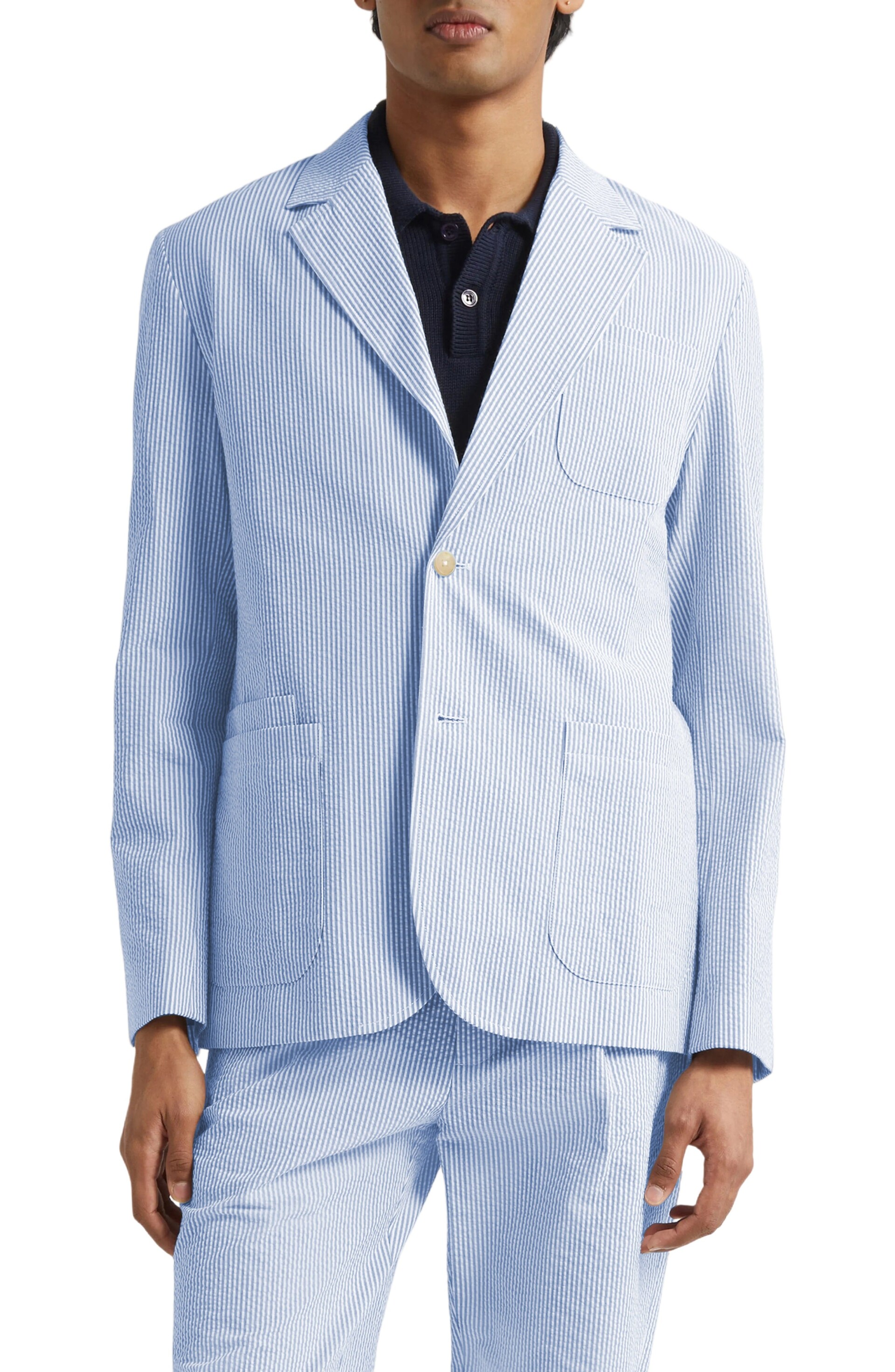 Blue Piece Summer Seersucker Double Button Business Casual Men Suit - Light Blue R