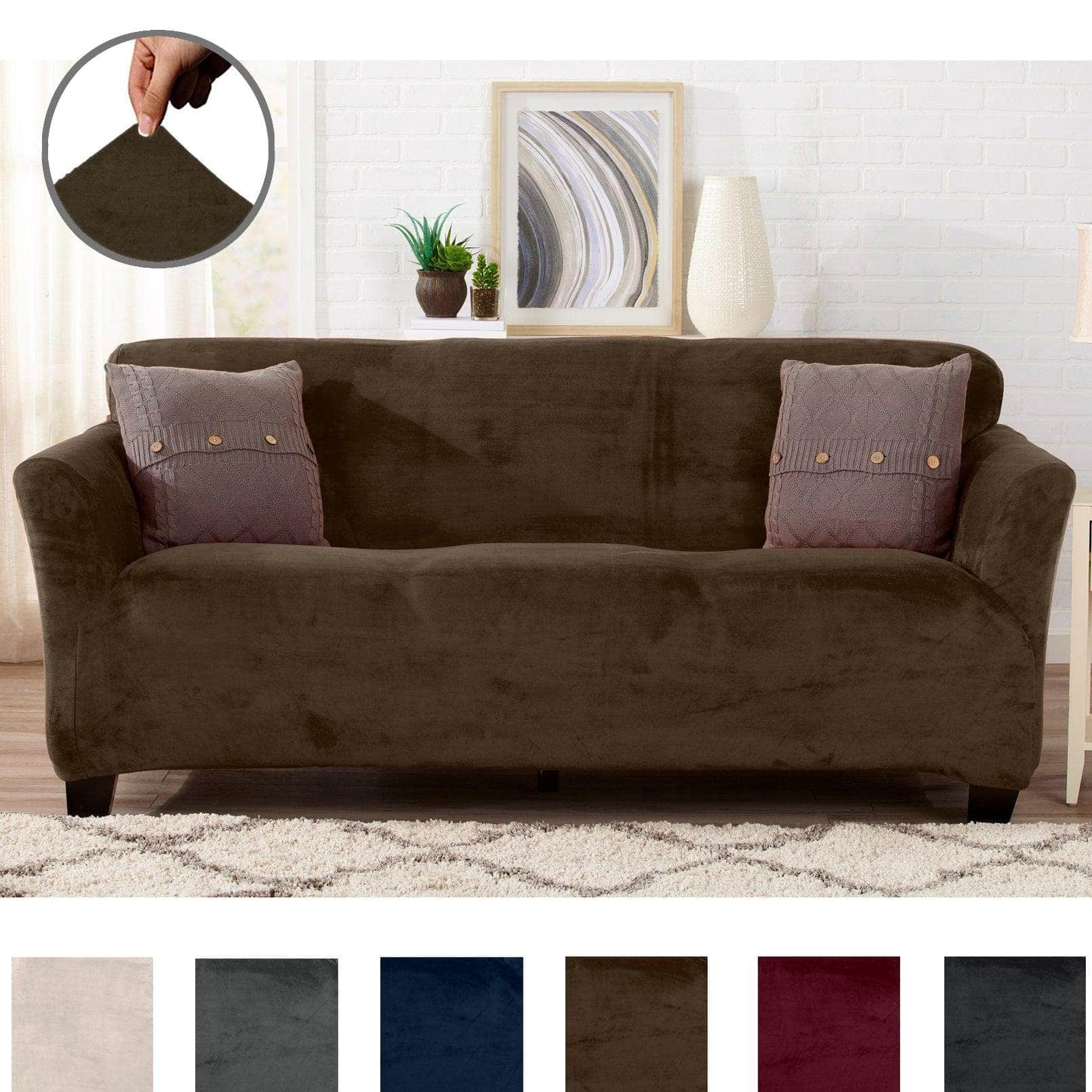 Velvet Stretch Slipcover - Gale Collection - Sofa Walnut Brown