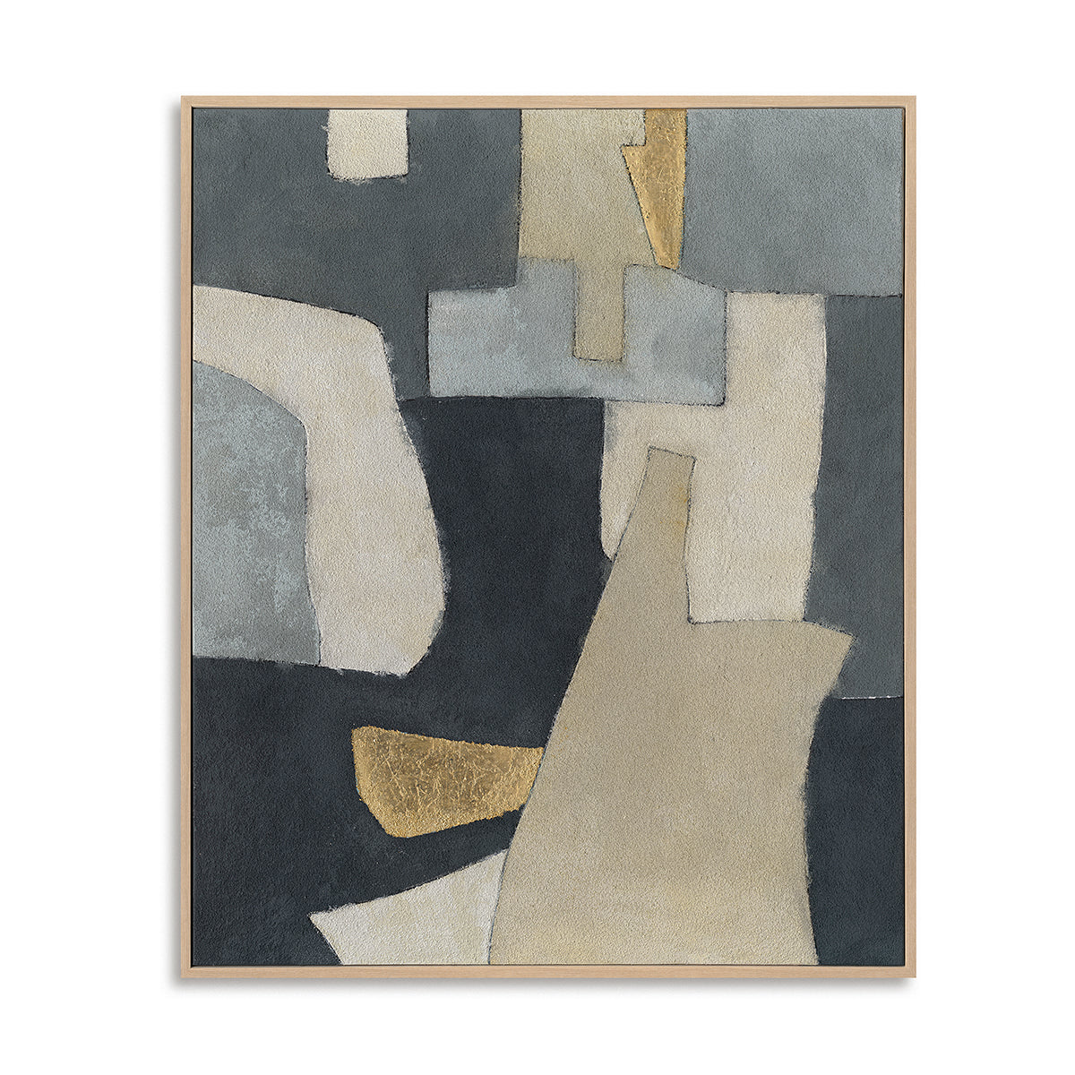 Handmade Abstract Geometric Wall Art Gray, Beige and Gold Modern Painting - Black Frame ''x '' x CM