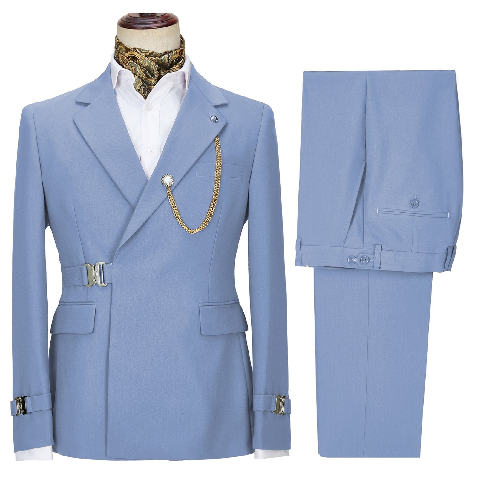 Ceehuteey Men's Piece Solid Notch Lapel Suit Set with Metal Clasp Blazer+Pants - Light Blue R