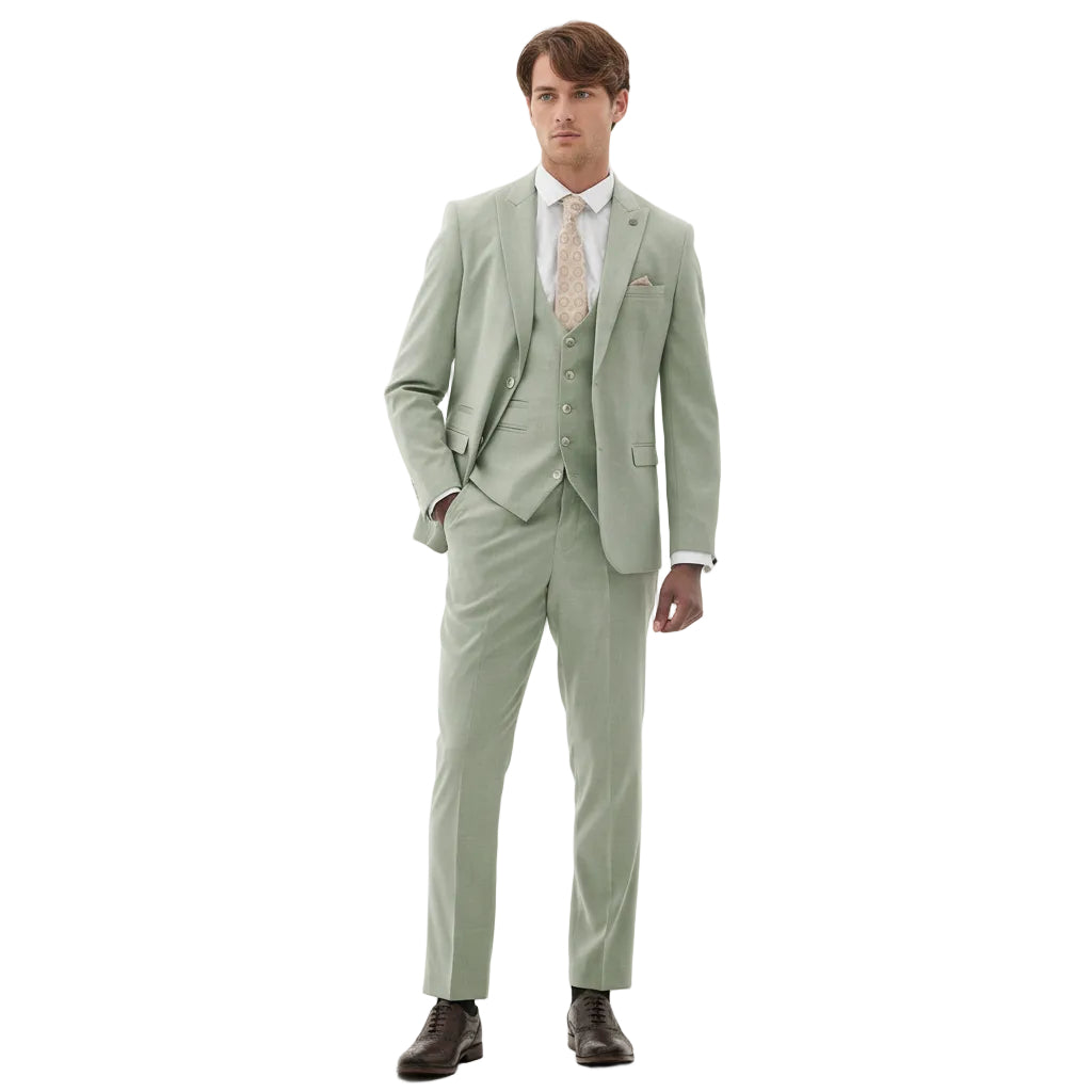Men's Piece Solid Peak Lapel Suits Blazer+Vest+Pants - Light Green R