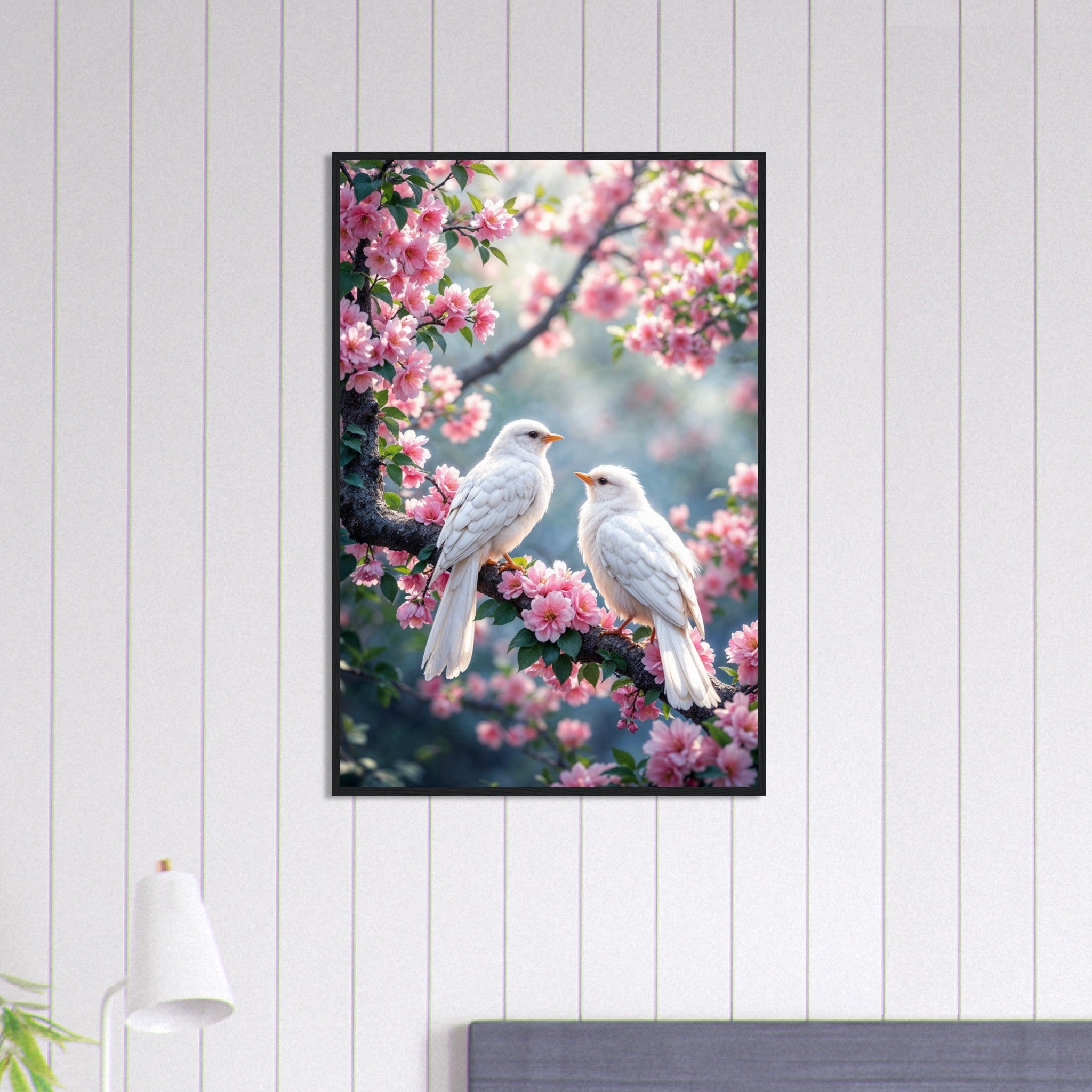 Whispers of Spring - Dove & Blossom Wall Art - Black frame x x″