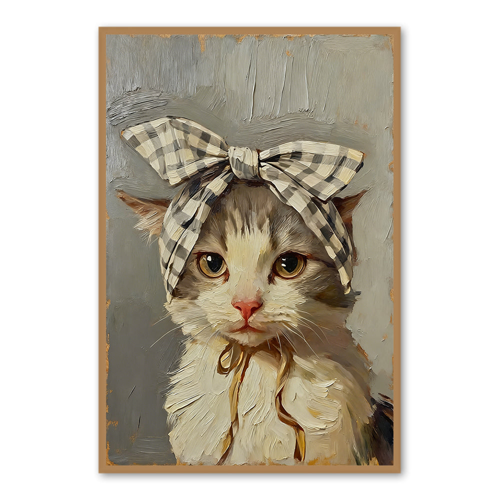 Charming Bow Kitten Vintage Style Hand-Painted Oil Painting Wall Art - Black Frame ''x '' x CM