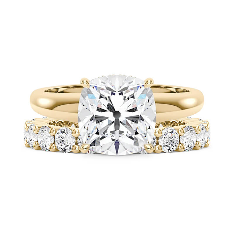 Elongated Cushion Moissanite Solitaire Ring and Full Eternity Band Bridal Set - K Yellow Gold Vermeil ct
