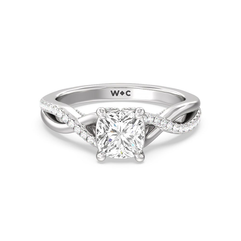 Fine Glamour Ribbon Swirl Engagement Ring - KT White Gold Cushion