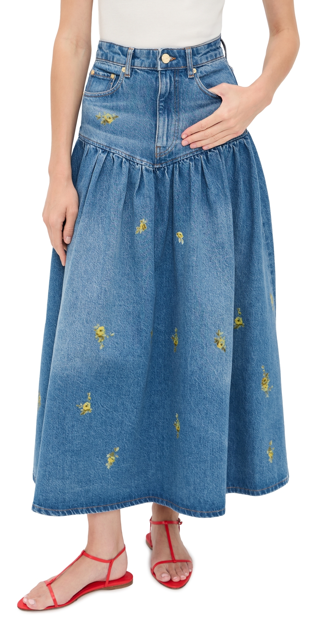 GANNI Printed Flower Denim Long Skirt Light Blue Vintage