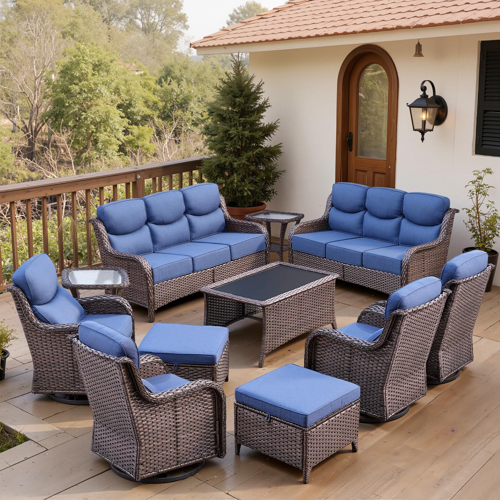 -Piece Patio Wicker Sofa Set & Swivel Chairs, NT Series - Brown Wicker Blue Cushion