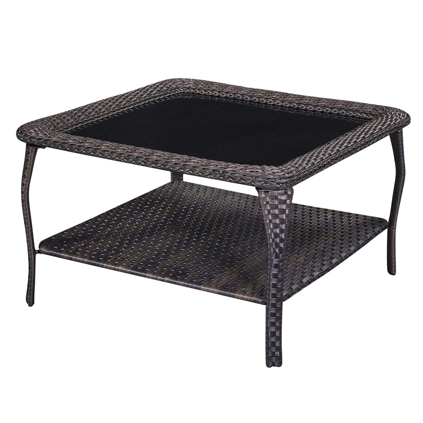 Outdoor Wicker Coffee Table Glass Top & -Tier Storage, NTC Series
