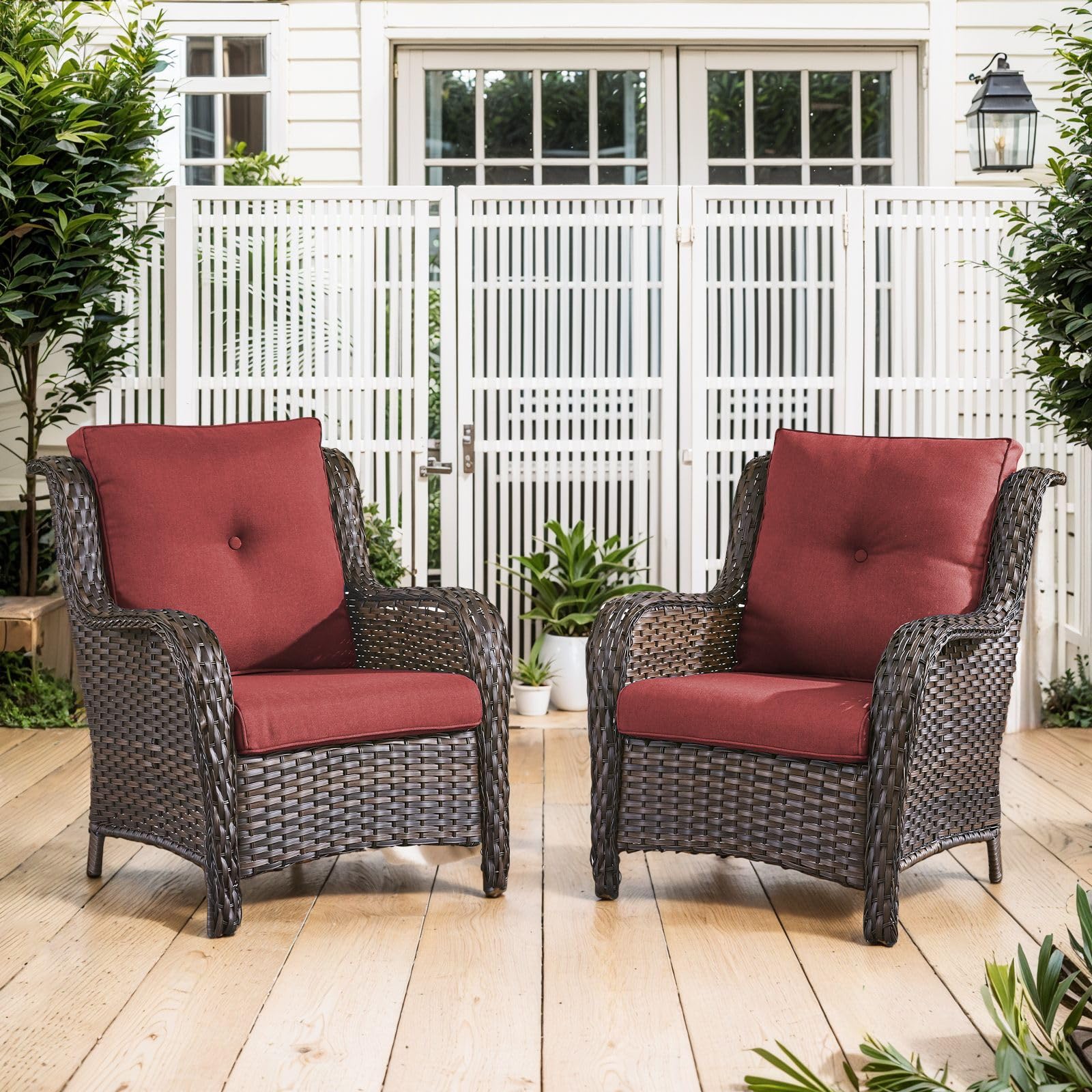 -Piece Outdoor Wicker Patio Chair Set, NTC Series - Brown Wicker Red Cushion