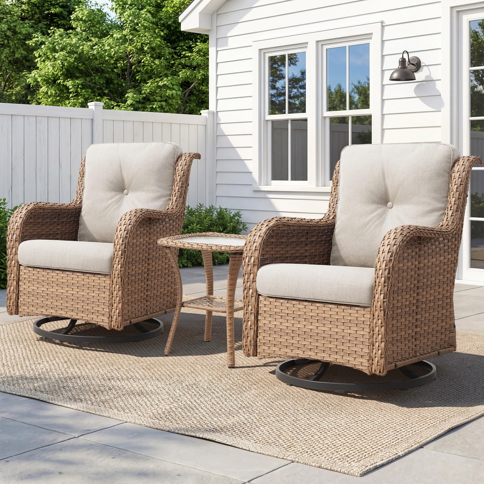 -Piece Outdoor Wicker Swivel Glider Set Chairs & Side Table, NTC Series - Yellow Wicker Beige Cushion