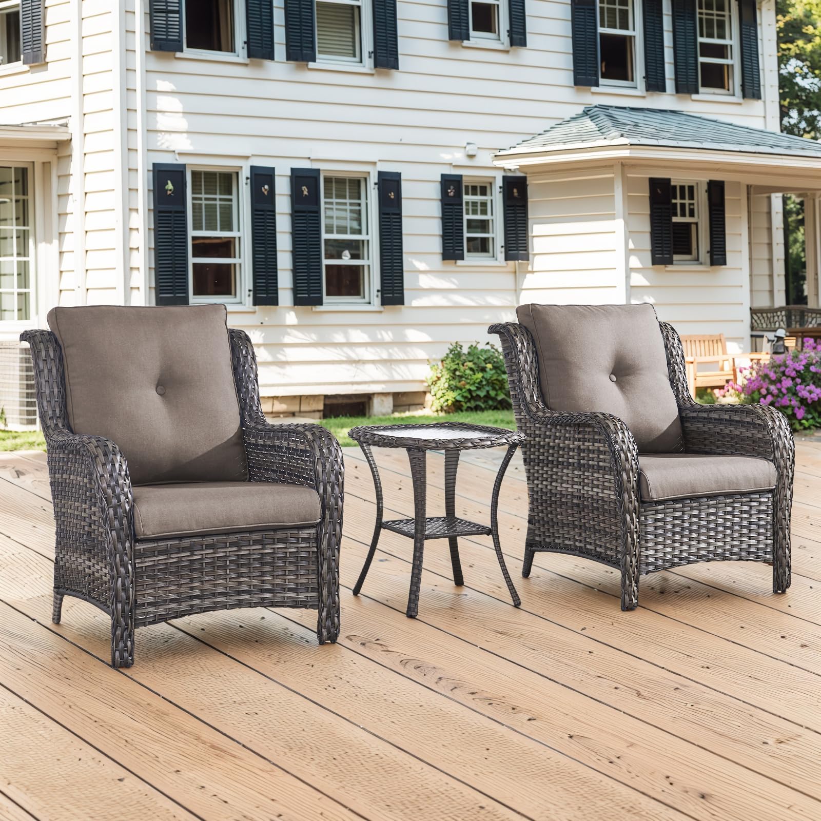 -Piece Outdoor Wicker Patio Chair Set, Chairs & Table, NTC Series - Mixed Grey Wicker Grey Cushion