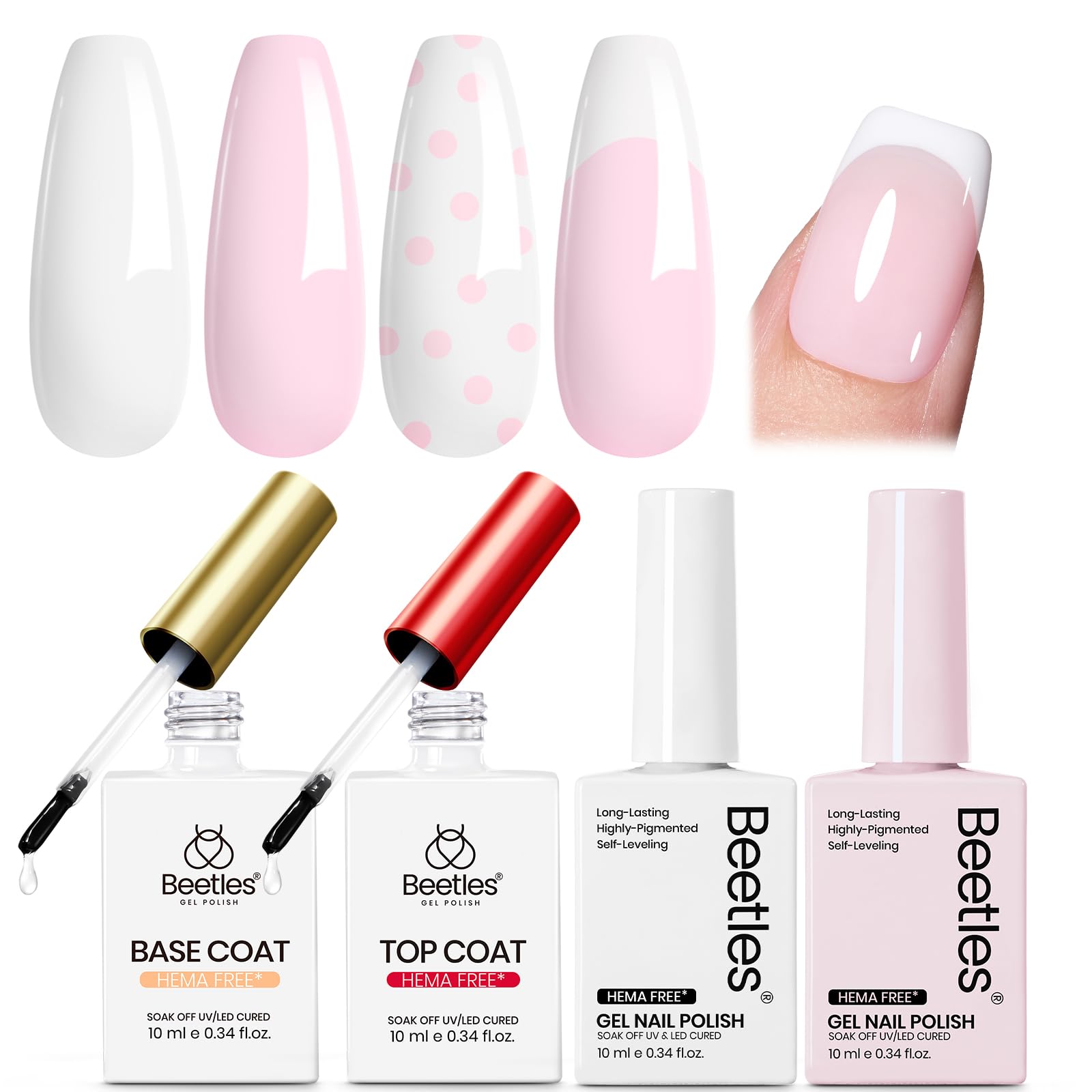 Beetles Pastel Gel - Petal Ivory, Pcs White & Pink Gel Nail Polish with Base Coat Top Coat, Soak Off UV LED Lamp French Nails Art for Spring Nails