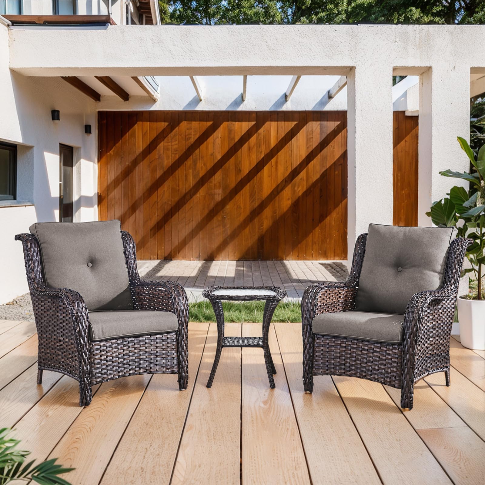 -Piece Outdoor Wicker Patio Chair Set, Chairs & Table, NTC Series - Brown Wicker Grey Cushion